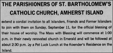 1988 Sept 9 Whig St Bartholomews newly renovated Church in Emerald Amherst Island ed